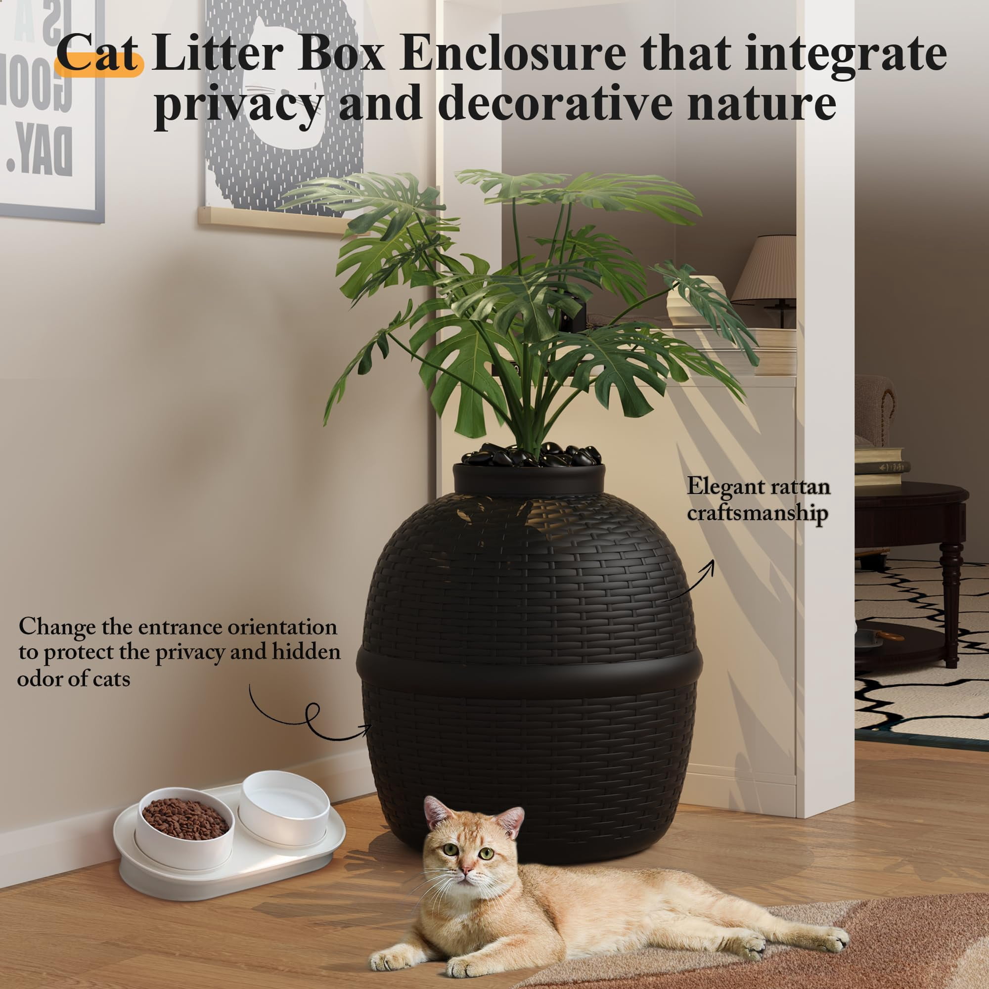 Cat Litter Box Enclosure with Faux Plant & Real Stones, Hidden Litter Box with Odor Control Carbon Filter, Home DIY Decor Furniture for Large Cat, Black