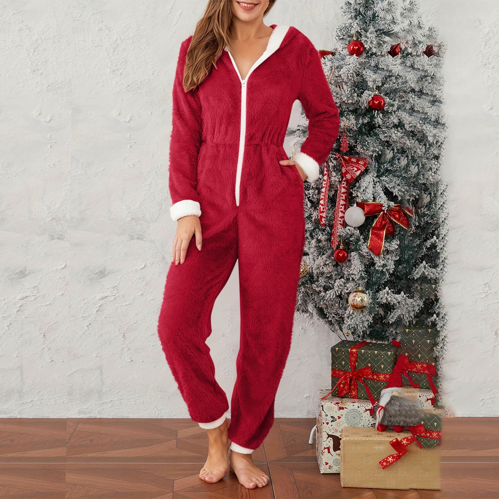 yoeyez Christmas Onesie Womens Slim Santa Hooded Pajamas Outfit Adult One-piece Pajamas Fleece Front Zipper Rompers