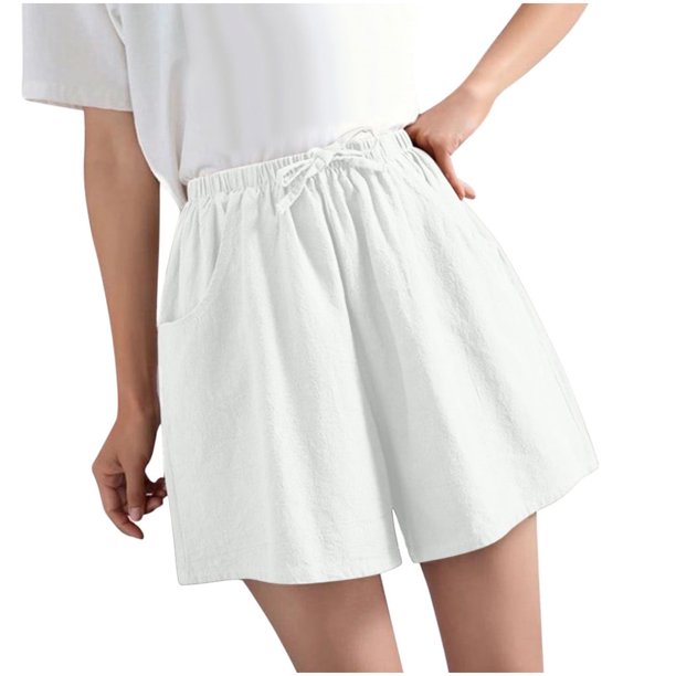 Pantalones cortos de lino de cintura alta y pierna ancha para mujer: cintura elástica, corte holgado informal, color liso, para la playa o fiestas, tallas S-XL.