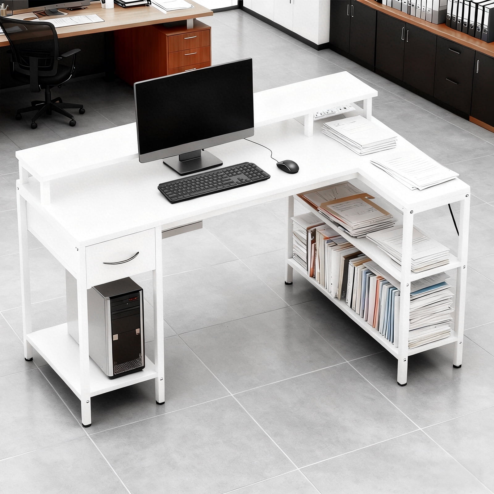 KPUY 53-Inch L Shaped Desk with USB Charging Port LED Light and Monitor Stand, Gaming Desk Home Office Desk for Home Office Dorm Sturdy Writing Workstation, White