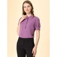 thumbnail image 3 of Tops de blusa de trabajo con cuello redondo y mangas cortas con tapeta de medio botón con volantes para mujer Púrpura L, 3 of 6
