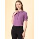 thumbnail image 3 of Tops de blusa de trabajo con cuello redondo y mangas cortas con tapeta de medio botón con volantes para mujer Púrpura L, 3 of 6