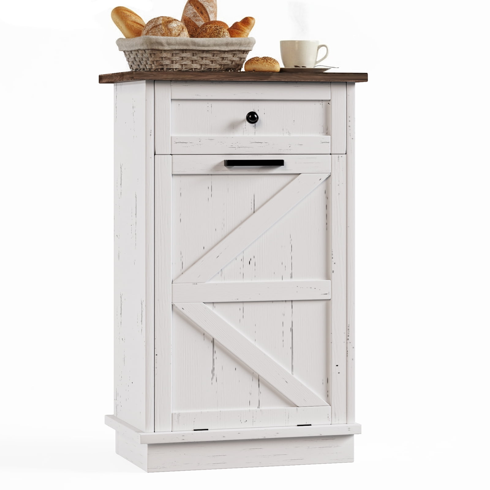 GARITIN Tilt Out Trash Can Cabinet, 10-Gallon Farmhouse Hidden Garbage Cabinet with Drawer, Dog Proof Wooden Trash Storage for Kitchen Laundry Living Room, Brown+White