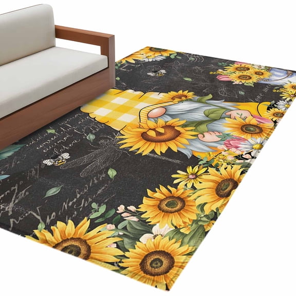 Hallway Runner Rugs 2.7x5 Ft, Gnomes Black Non Slip Area Rugs for Kitchen Bedroom Entryway, Yellow Sunflower Floral Bee Summer Spring Washable Carpet Runner Rug Floor Mats for Bedroom Home Decor