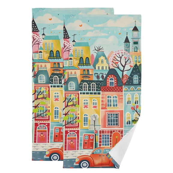 2-Piece Polyester cotton Towel Set Absorbent Small Town and Car Hand Towel Bath Towel Soft and Comfortable Machine Wash 28.3x14.4