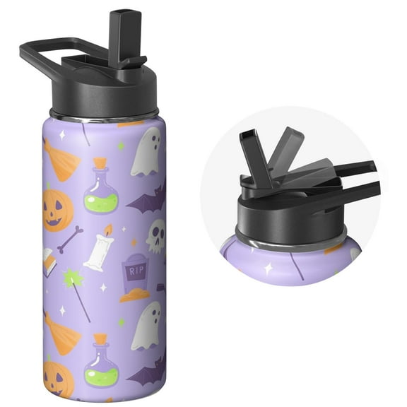 18 OZ Spooky Halloween Water Bottle With Straws Double Walled Vacuum Insulated Sports Bottle Ghost Black Cat Travel Thermal Cup Leak Proof Stainless Steel Tumbler Halloween Decor Gifts