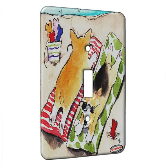 KuzmarK™ Single Gang Toggle Switch Wall Plate - Beach Corgis Welsh Corgi Dog Art by Denise Every
