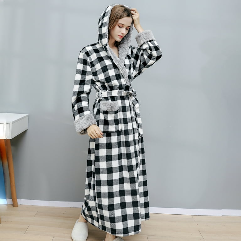 Homgro Women's Plaid Fleece Robe Cozy Long Sleeve Fuzzy Soft Long