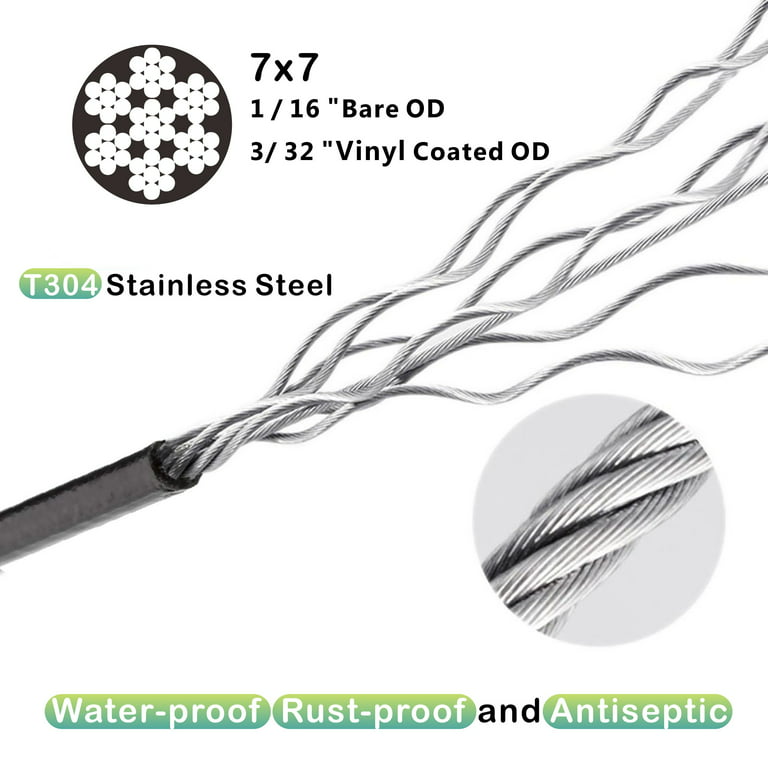 304 Stainless Steel Black Vinyl Coated Wire Rope,1/16 Inch Overmolded to  3/32 Inch,with Cutter 7x7 Strands Construction,String Lights  Hanging,Outdoor
