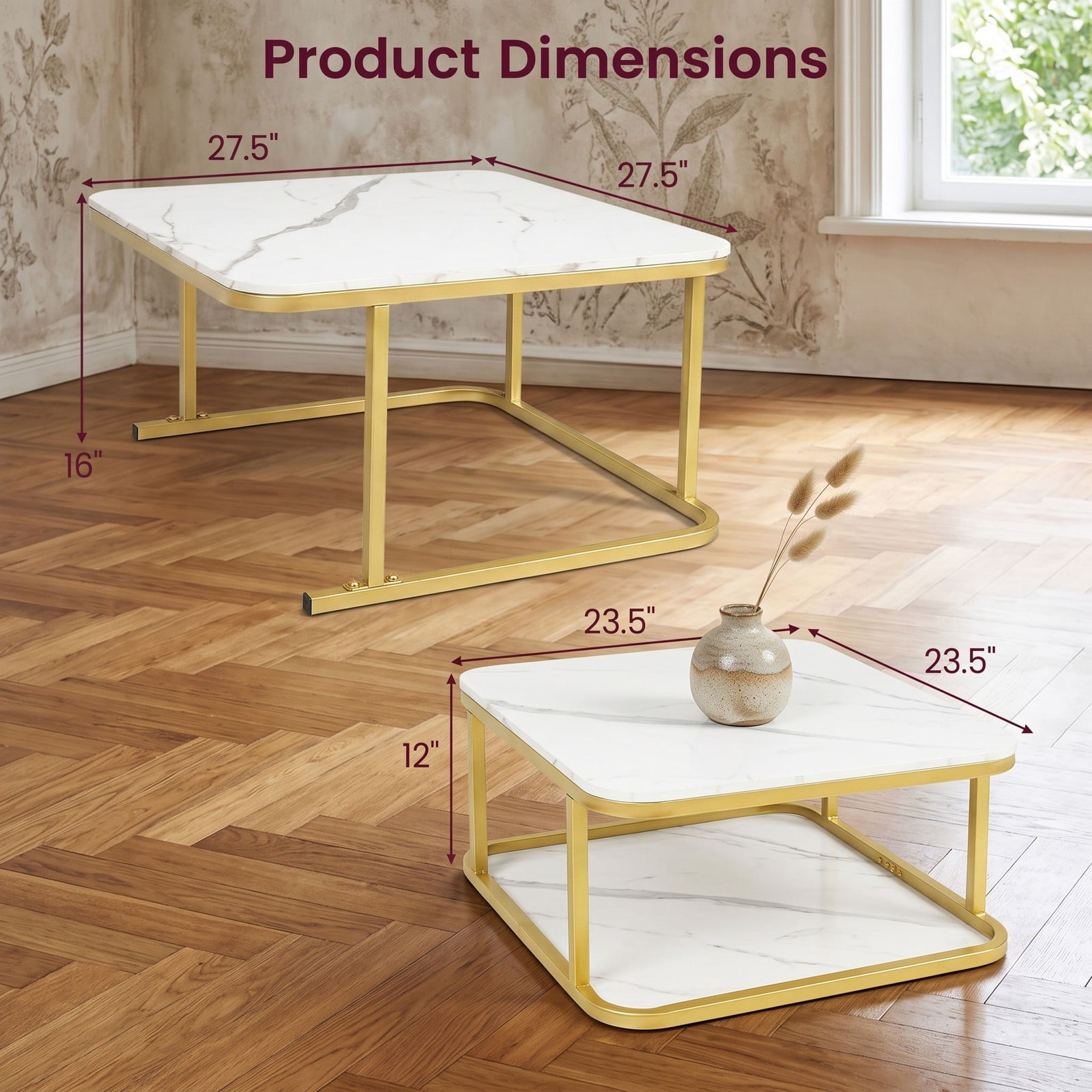 Furnibear Nesting Coffee Table Set of 2, Faux Marble Top Round-Corner Cocktail Tables with Powder-Coated Metal Frame, Stackable Space-Saving Side End, White & Gold