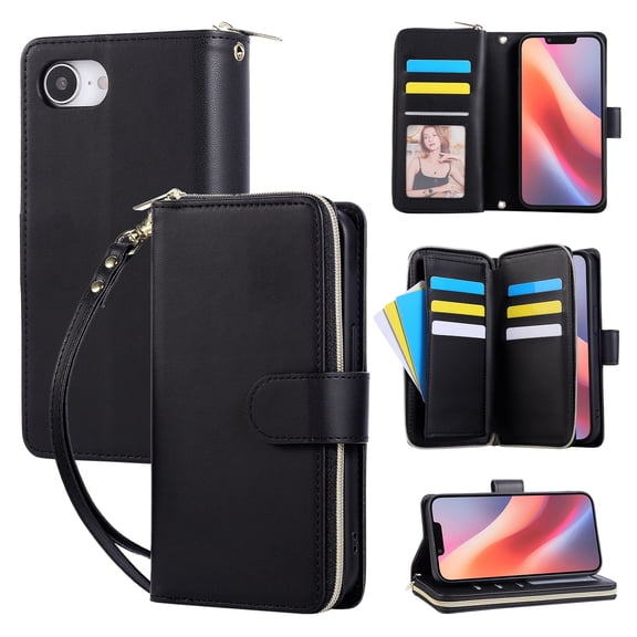 Wallet Case for iPhone 16e, PU Leather TPU Protective Rugged Cover with Credit Card Slots Cash Slot Zipper Pocket Magnetic Closure Kickstand Wrist Strap & Adjustable Shoulder Strap, Black