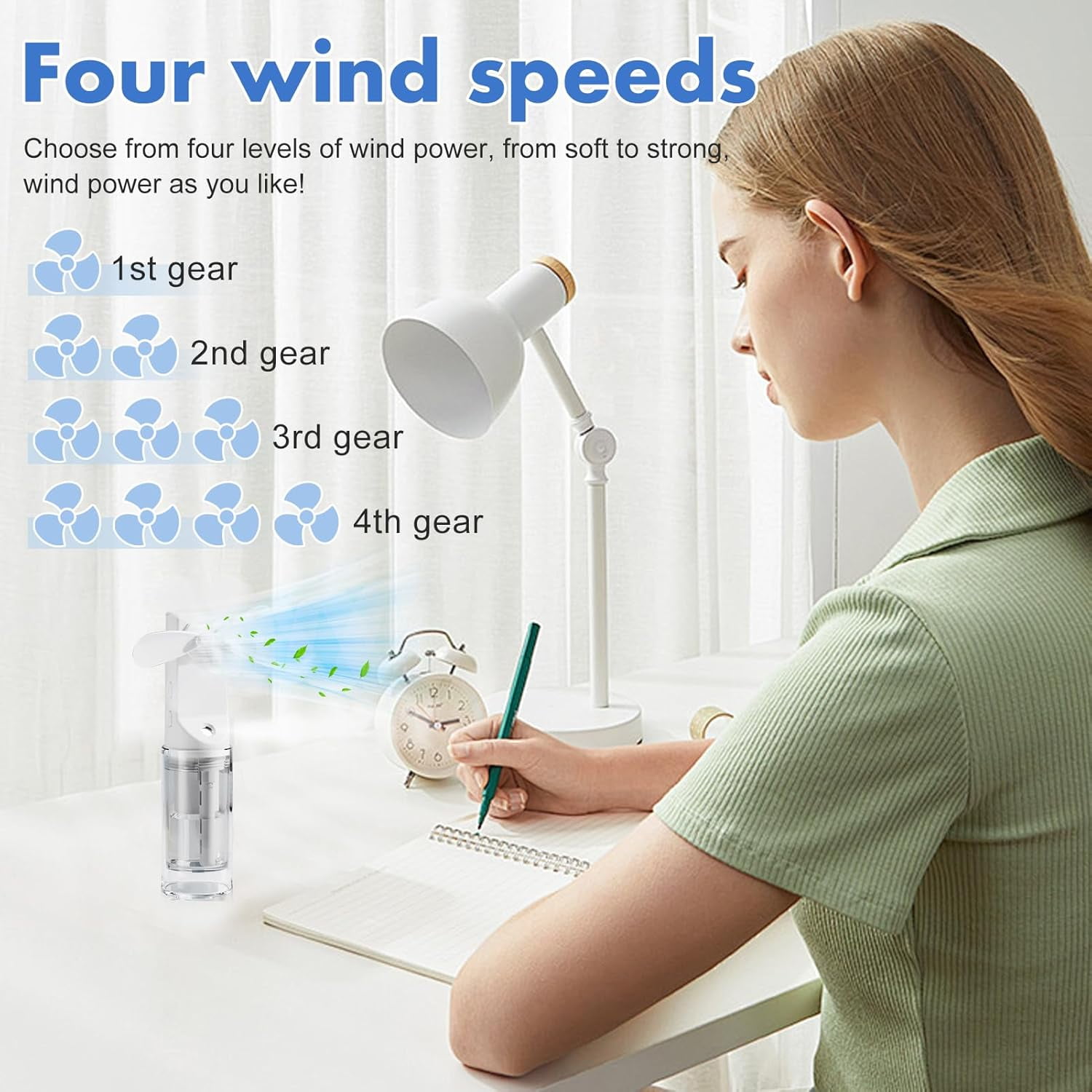Portable Misting Fan, Handheld Fan with Mister, Rechargeable Operated Spray Water Mist Fan, 4 Speeds Small Foldable Personal Cooling Fans for Home Camping Outdoor Travel, White