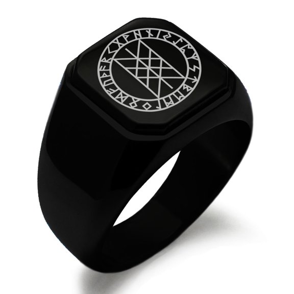 Stainless Steel Vegvisir Web of Wyrd Skuld’s Net Viking Engraved Square Flat Top Biker Style Polished Signet Ring