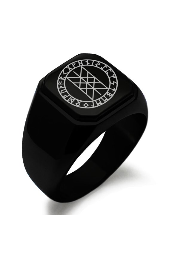 Stainless Steel Vegvisir Web of Wyrd Skuld’s Net Viking Engraved Square Flat Top Biker Style Polished Signet Ring