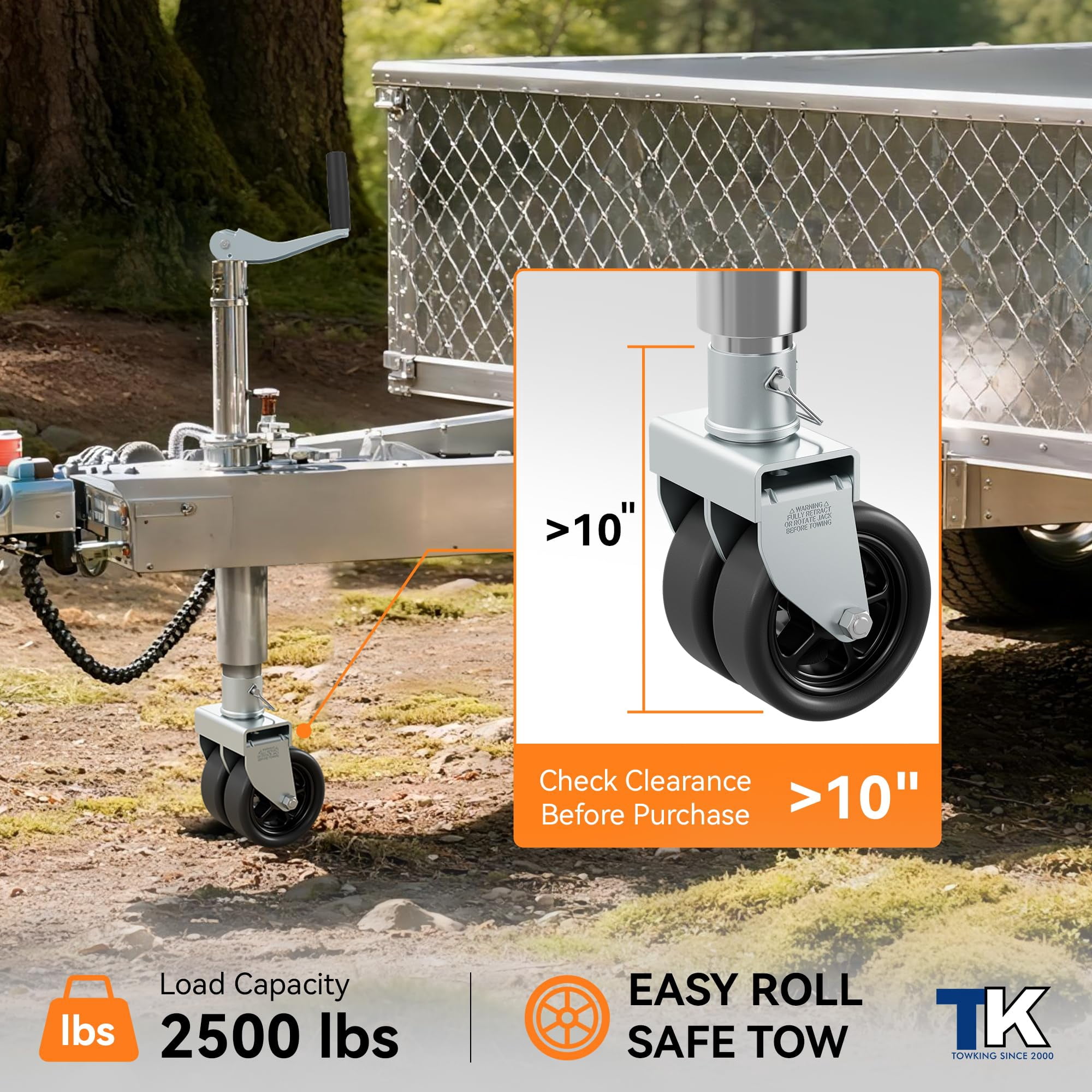 TOWKING 2,500lbs Dual 6" Trailer Jack Swivel Caster with Upgraded Spoked Wheels and Reinforced Bracket, Silver