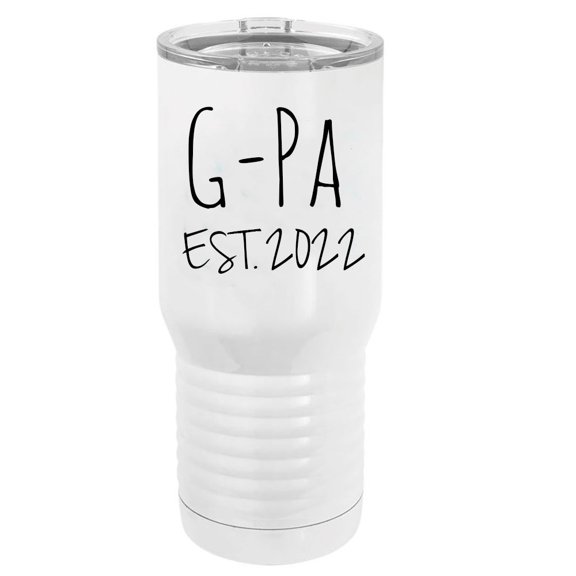G-Pa Est. 2022 Established Stainless Steel Vacuum Double-Walled Insulated 20 Oz Tumbler Travel Coffee Mug with Clear Lid, White