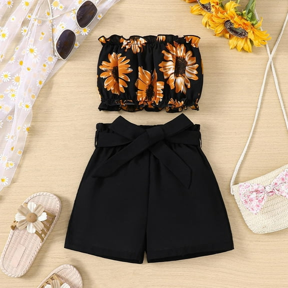 WOYY Infant Girls Summer Outfits Sunflower Print Sleeveless Tube Top Shorts Trendy Suit