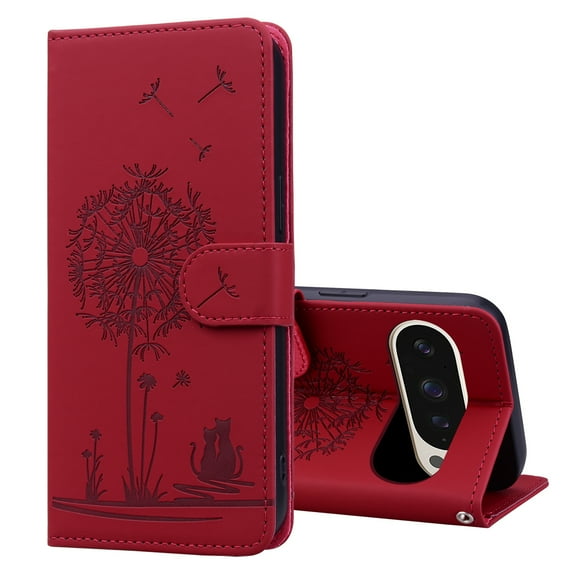 ELEHOLD Case for Google Pixel 9 / 9 Pro, Premium PU Leather Wallet Flip Case Folio Cover with Card Holder Kickstand,Red