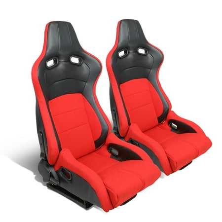 Front Replacement Seat Slider - Set of 2 Universal Woven Cloth Reclinable Racing Seats w/ Sliders (Black/Red)