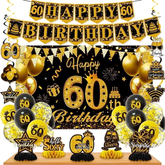 Mxdfafa 39pcs 60th Birthday Decorations Kit Black Gold Glitter Party Supplies with Banner,Balloons,Backdrop,Honeycomb Centerpieces,Hanging Swirls for Men Women 60th Bday Anniversary Celebration