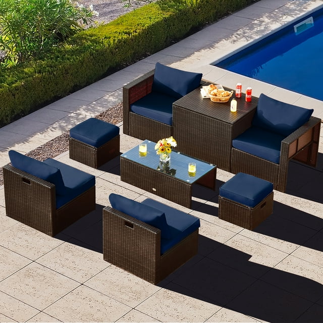 Gymax 8PCS Patio Rattan PE Wicker Conversation Set All-Weather Furniture Set w/ Cushions Navy