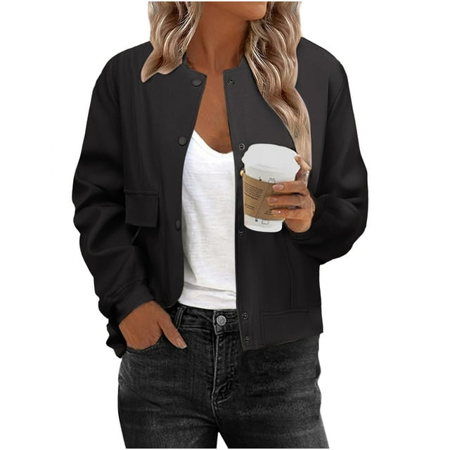 Pincandy Blouson Bomber Décontracté pour Femmes, Veste Universitaire à Boutons avec Poches