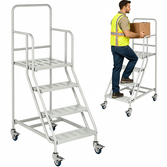 4 Step Rolling Ladder,1000 lbs Platform Ladder with Handrails & Lockable Casters,Rolling Stair for Warehouse Garage Library