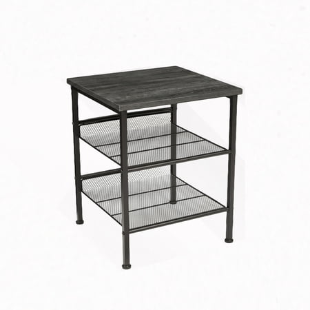 Set of 2 Industrial 3-Tier End Tables – Rustic Side Tables with Metal Frame & Mesh Shelves Narrow Nightstands for Living Room Bedroom Small Spaces