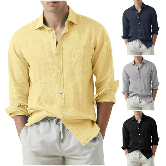 KeShDi White Button Down Shirt Men Cotton and Linen Solid Color Fashion Long-sleeved Lapel Top/shirt Black 3X