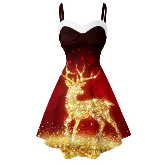 Adeawade Christmas Dresses For Women Xmas Sleeveless Deer Snowflake Print Off Shoulder Party Flare Dress Swing Plaid Dress Winter Crewneck Mini Dresses Adorable Clothes Red L