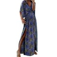 thumbnail image 2 of EGNMCR Robes d'Été Femmes Tendance 2024 Mode Femmes Col en V Imprimé Manches Courtes Patchwork Décontractée Longue Robe, 2 of 5
