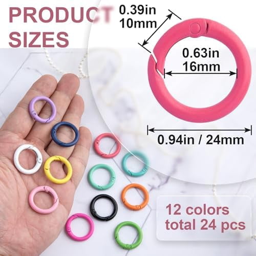 Jointown 24Pcs 24mm Metal Spring O Rings, Round Colorful Key Ring Snap Clip Trigger Buckles DIY Accessories for Keyrings Bag Purse Handbag Keychain Lanyard