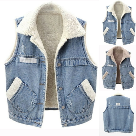 DeHolifer Womens Warm Sherpa Fleece Jean Vest Sleeveless Lapel Lightweight Jacket Outwear with Pockets White S