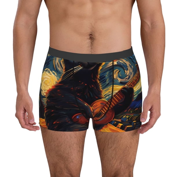 Fotbe Starry Night Cat Guitarist Calzoncillos Tipo Boxer con Bolsa de Soporte Total para Hombre, X-Temp Fresco, Transpirable y de Secado Rápido-Large