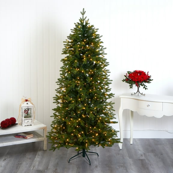 Nearly Natural Clear Prelit LED Green Decorated Fir Christmas Tree, 7'