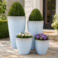 thumbnail image 3 of FIASON 4 Pack 24/21/12/10 Inch Tall Planters, Glossy Light Blue Speckled Faux White Ceramic Pots with Dual-Use Tray, Drainage Holes & Filter Screens, Indoor Outdoor Patio Porch Decor, 3 of 7
