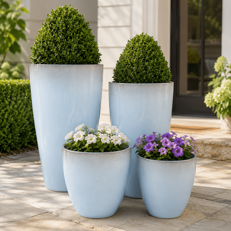 Fiason 4-Pack Tall Planters, Light Blue Speckled Ceramic photo 7