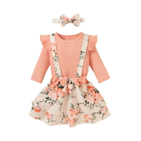 

Canrulo Toddler Baby Girl Fall Clothes Ruffle Long Sleeve Ribbed T-Shirt Top Floral Suspender Skirt Headband 3Pcs Outfits Pink 3-4 Years