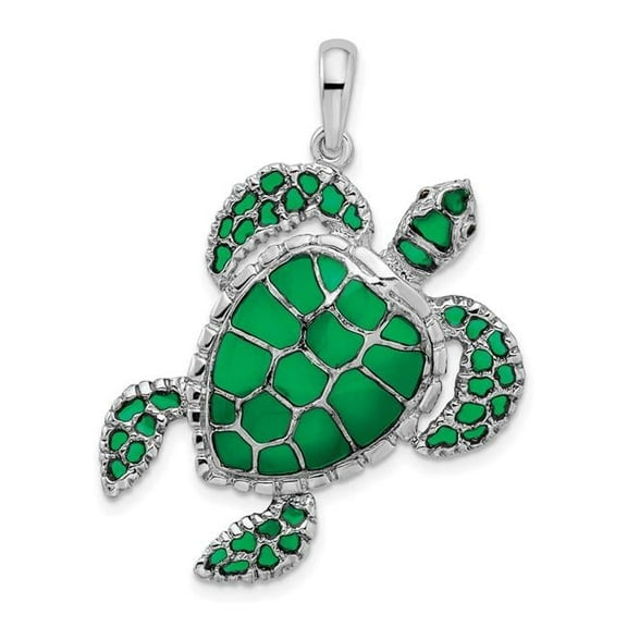 Finest Gold Sterling Silver Polished Enameled Green Sea Turtle Pendant