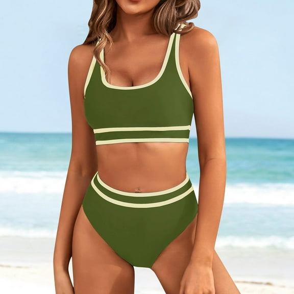 TEVEQ Tankini Swimsuits for Women Tummy Control Swimsuits for Women 2 Piece with Short Women's Two Swimsuit High Waisted Contrasting Colors Bikini Sets Double Shoulder Bathing Suits for 2024