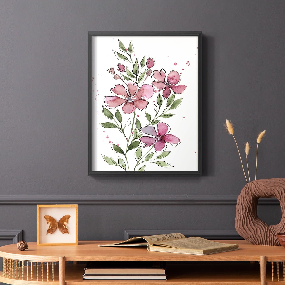 Watercolor Floral Stems I Framed Print in Black Solid Wood 22 x 28 Framed Print