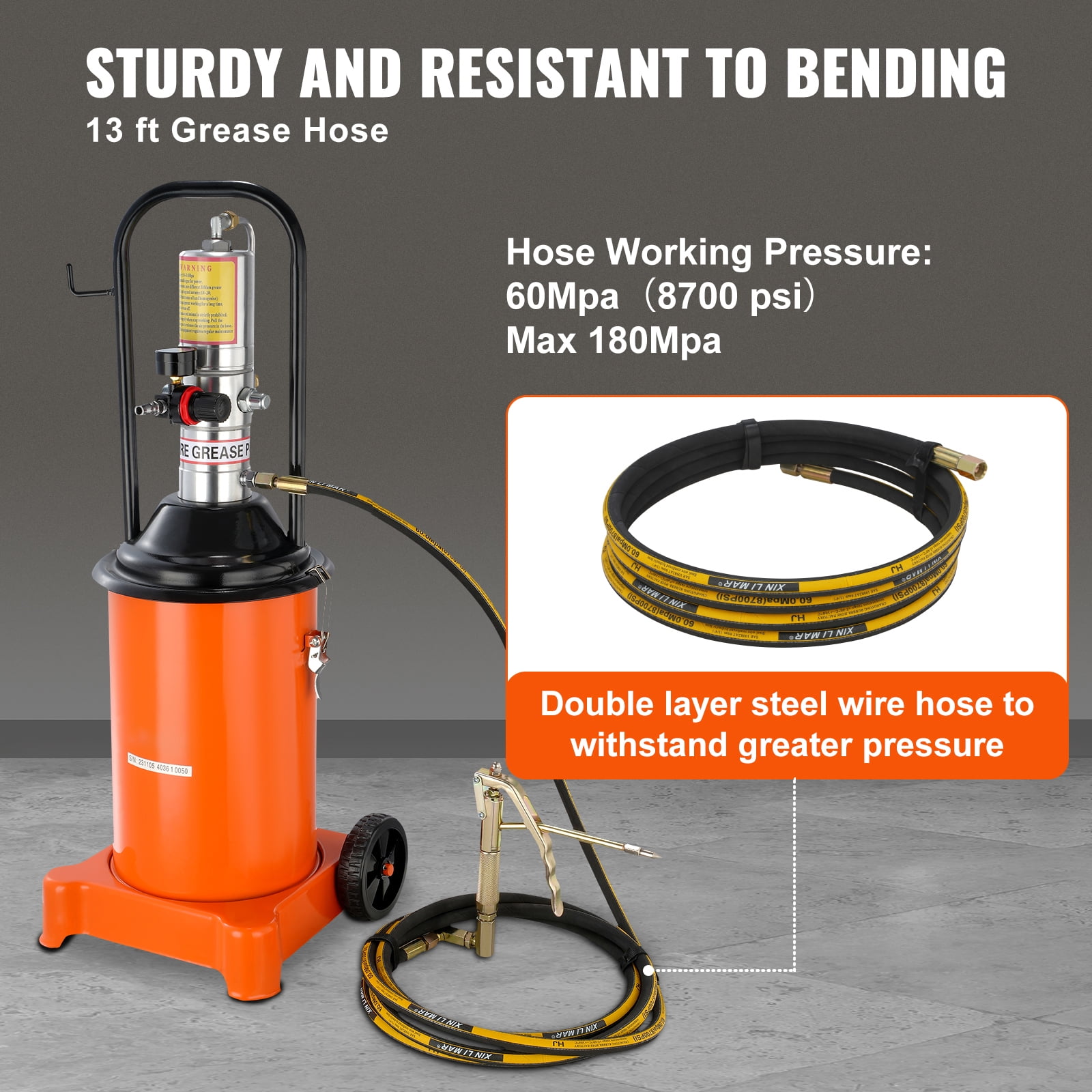 KFFKFF Lubrication Pump, 3 Gallon 12L, Pneumatic Grease Pump with 13 ft Pressure Hose and Grease Gun, Air Powered Grease Drum Pump with Wheels, Mobile Grease Pump with 50:1 Pressure Ratio
