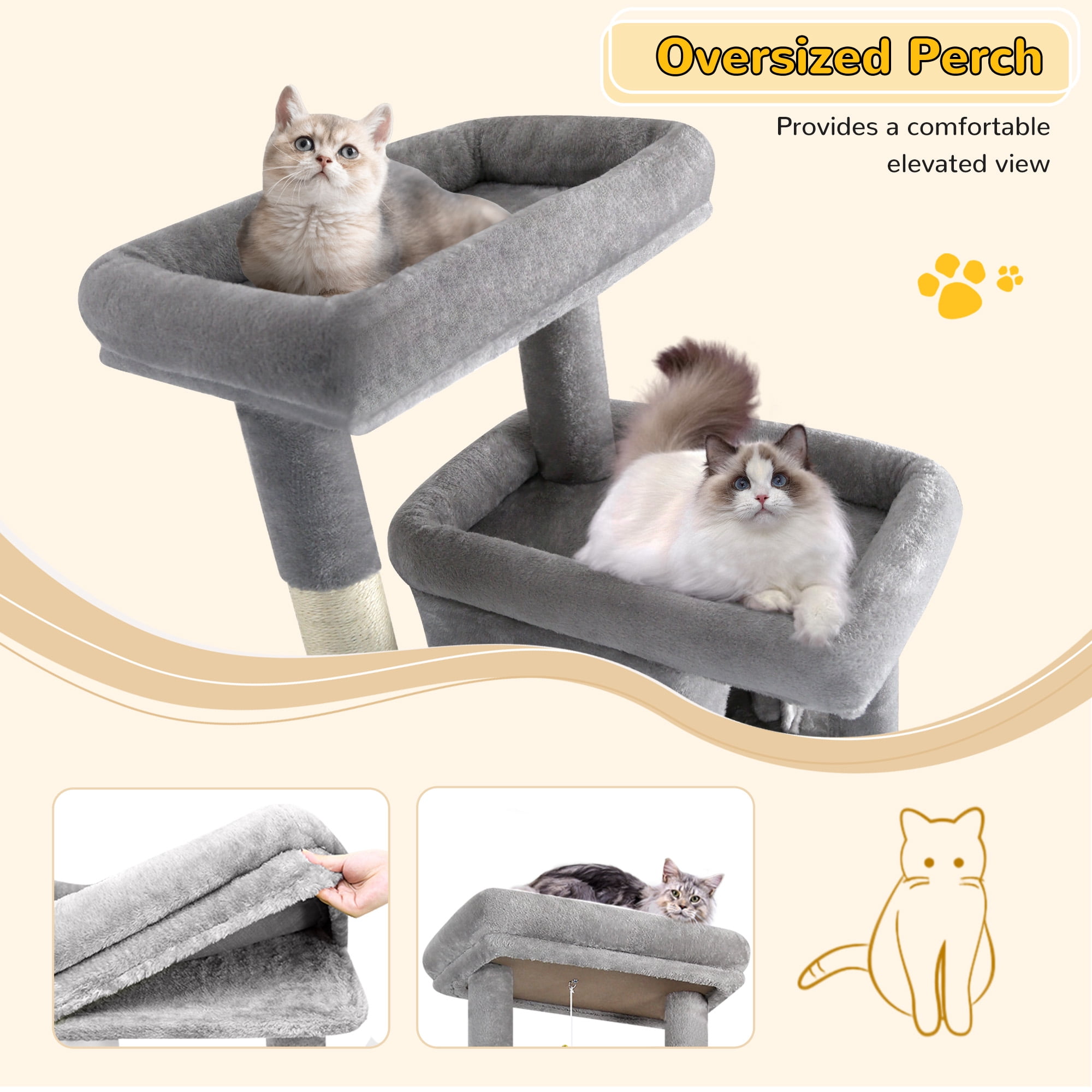 Globlazer 78" Multi-Level Large Cat Tree and Tower Condo for Indoor Cats with Sisal Scratching Posts, Condos, Hammock & Hammock,Light Gray