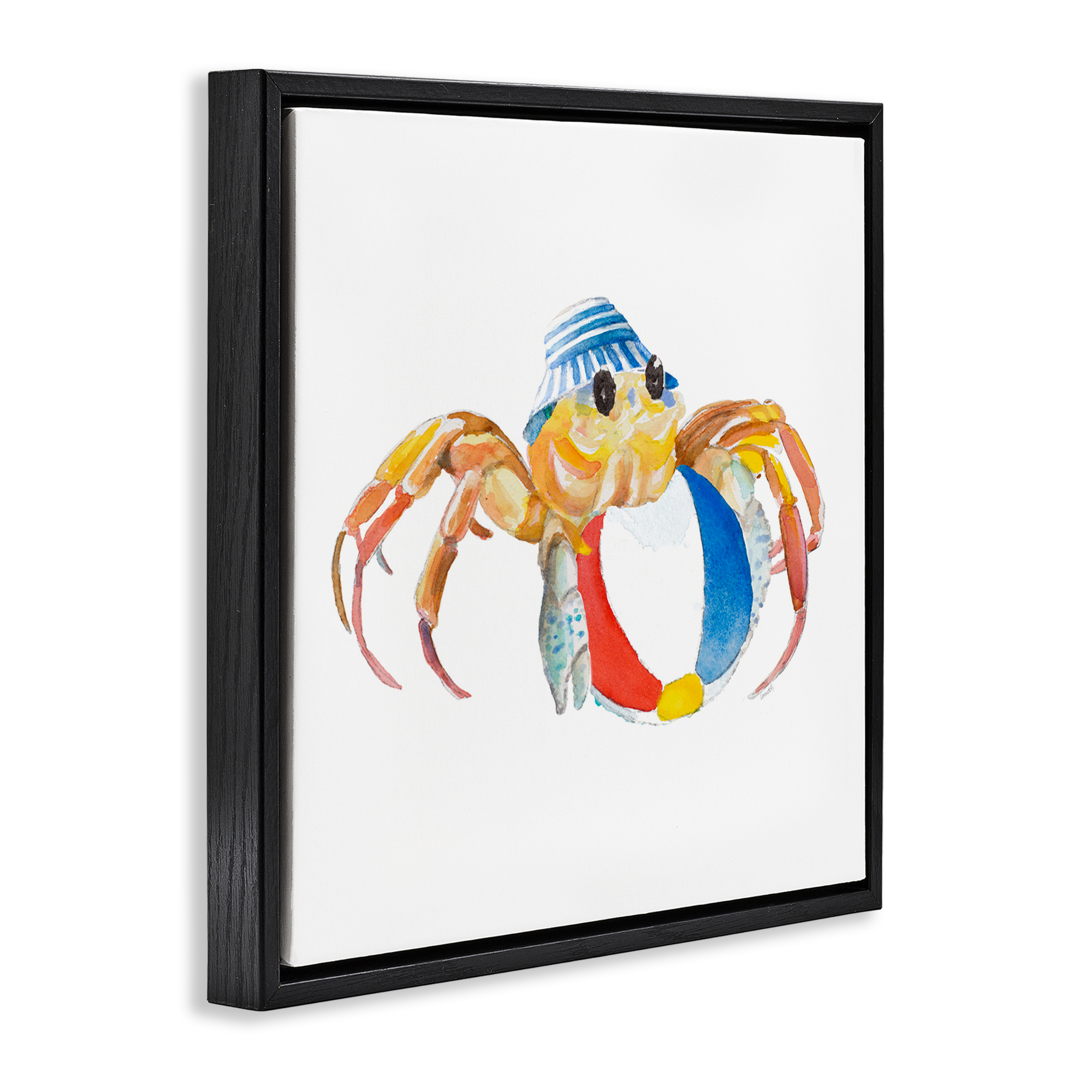 Stupell Industries Beach Ball Crab Novelty Painting Black Floater Framed Canvas Art Print Wall Art, 25 x 25