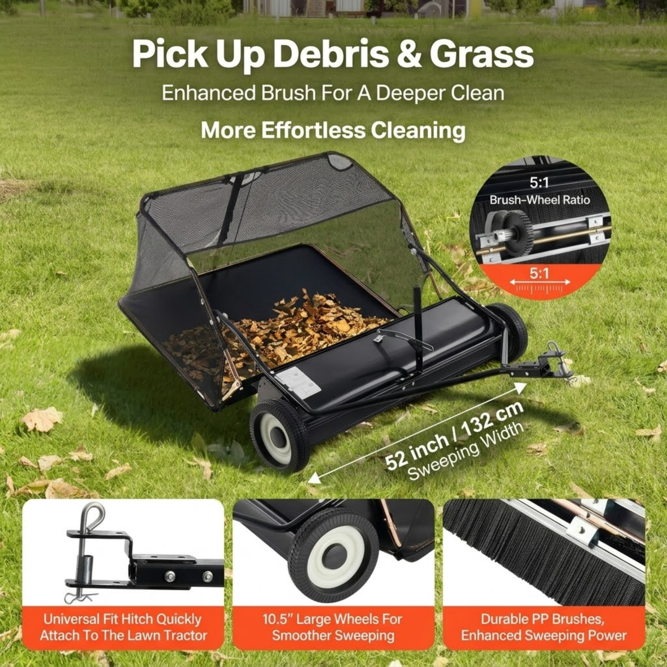 52-Inch Tow Behind Lawn Sweeper, 26 cu.ft. Large Capacity Yard Sweeper with Adjustable Height and Dumping Rope, Heavy Duty Leaf & Grass Collector