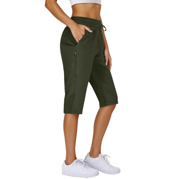 FRSASU Womens Capri Pants Yoga Capris Summer High Waisted Casual Lounge Cropped Pants with Pockets Army Green L(L)