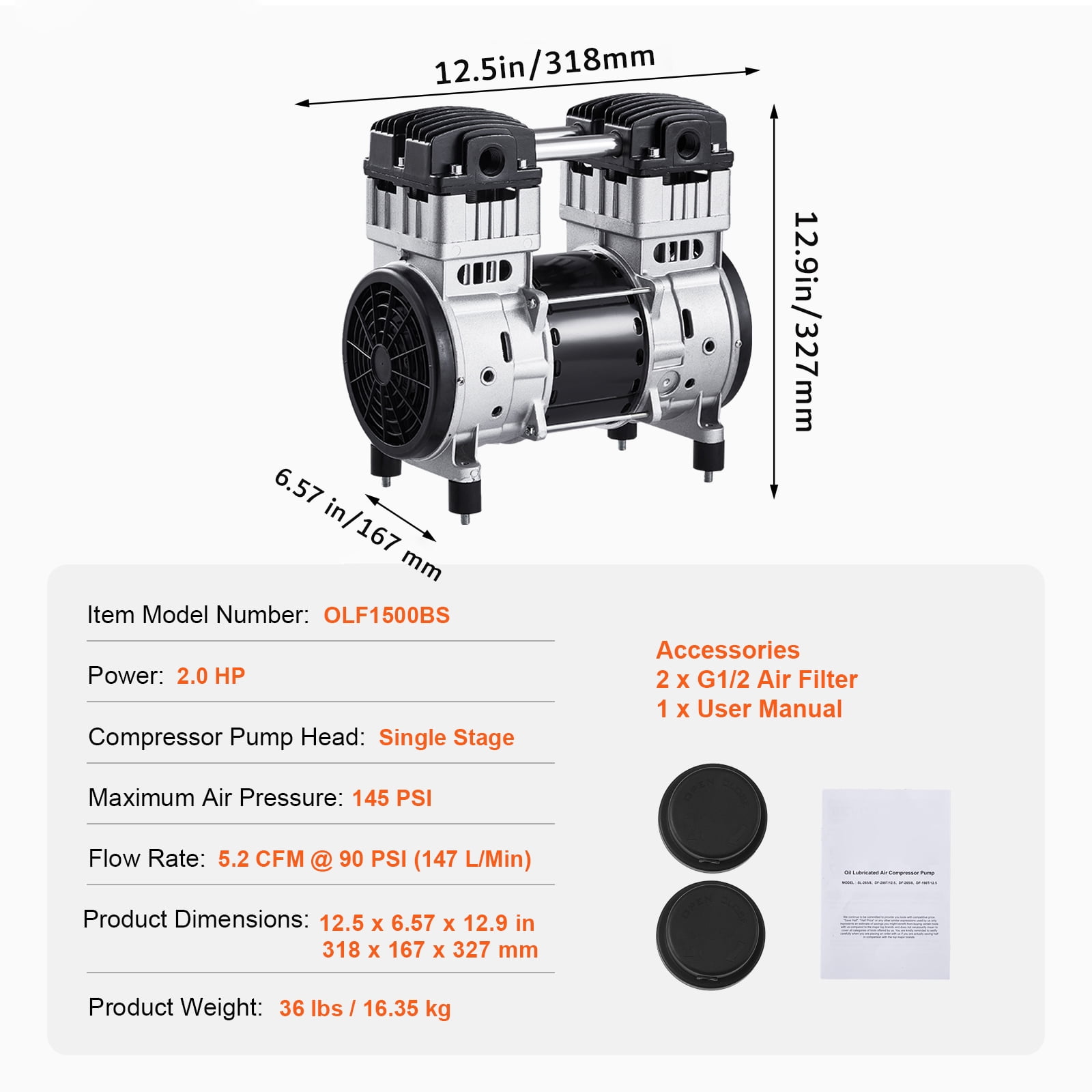 KFFKFF Air Compressor Motor, 2HP 5.2CFM @ 90PSI, Oil-Free Pump with Up to 145PSI Pressure, 78dB Quiet Operation for Automotive Repairs, Inflating Tires, Spray Painting, and Carpentry