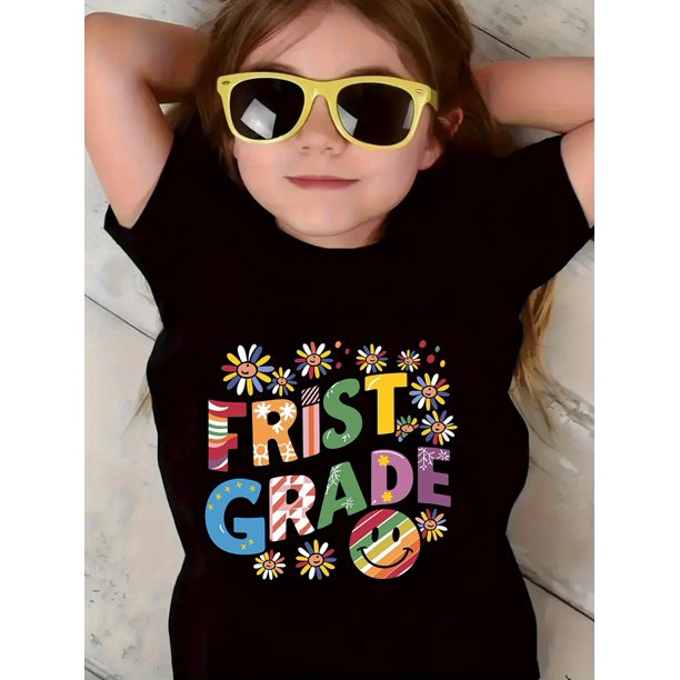 Girls' First Grade Graphic T-Shirt - Soft Stretchy Kids Tee with School Celebration Design - Birthday Parties & Casual Attire - Machine Washable, Vibrant Print Top, Comfortable Fit