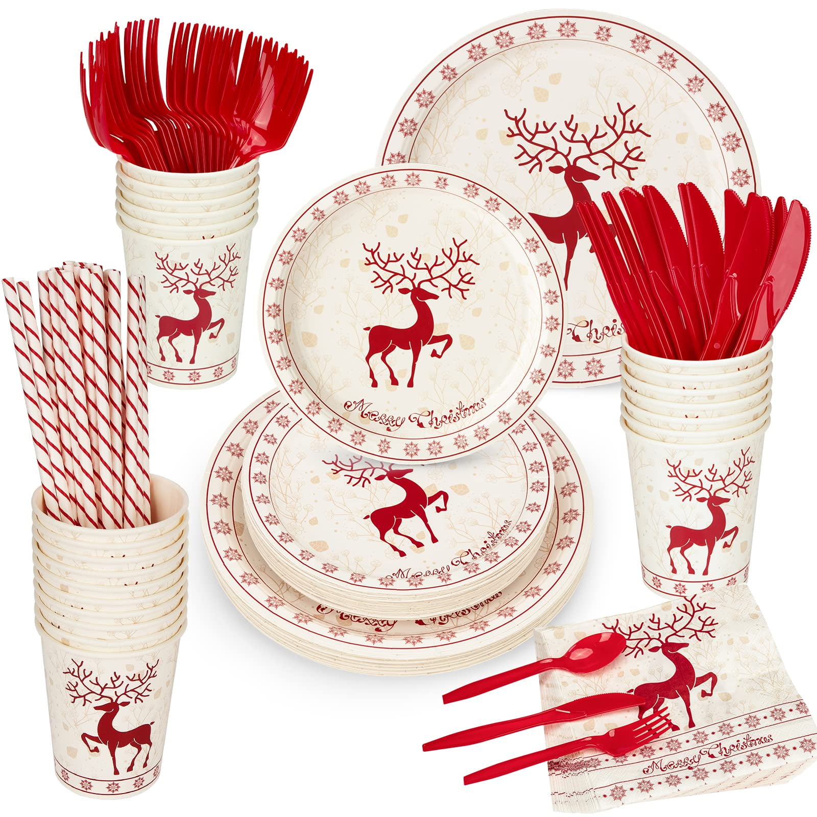 Classic Christmas Tableware Pack: Disposable Paper Plates, Napkins and Cups  Set for 20