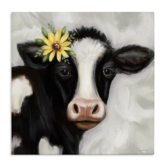Stupell Industries Cow with Yellow Daisy Animals & Insects Painting Gallery Wrapped Canvas Art Print Wall Art, 17 x 17